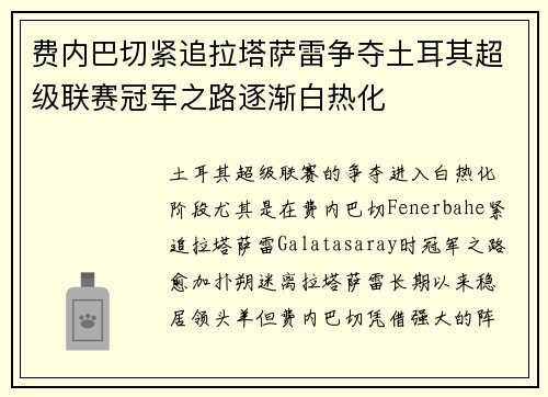 费内巴切紧追拉塔萨雷争夺土耳其超级联赛冠军之路逐渐白热化 费内巴切紧追拉塔萨雷争夺土耳其超级联赛冠军之路逐渐白热化