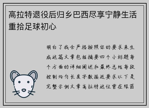 高拉特退役后归乡巴西尽享宁静生活重拾足球初心